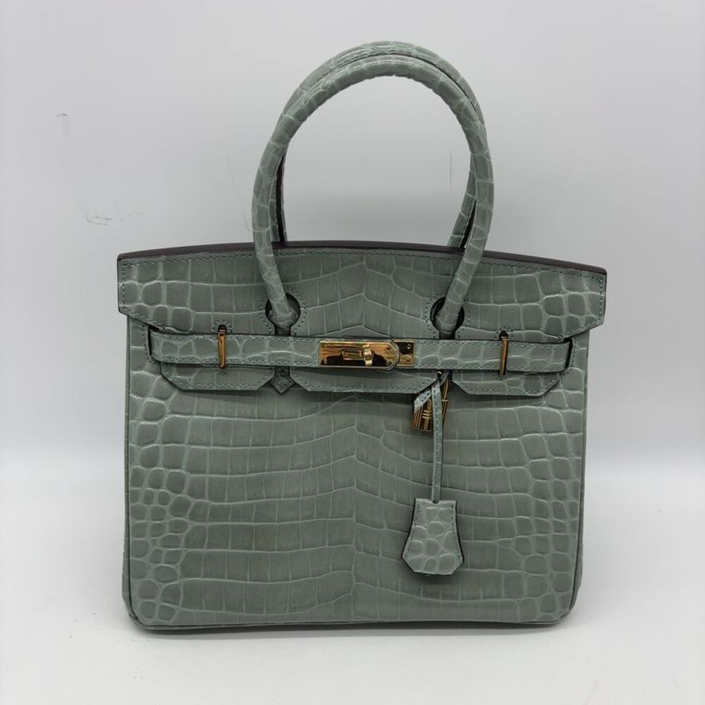 Custom 30cm Dusty Sea Foam Blue Grey Crocodile Leather ghw Top Handle Birkin Bag - Picture 1 of 8